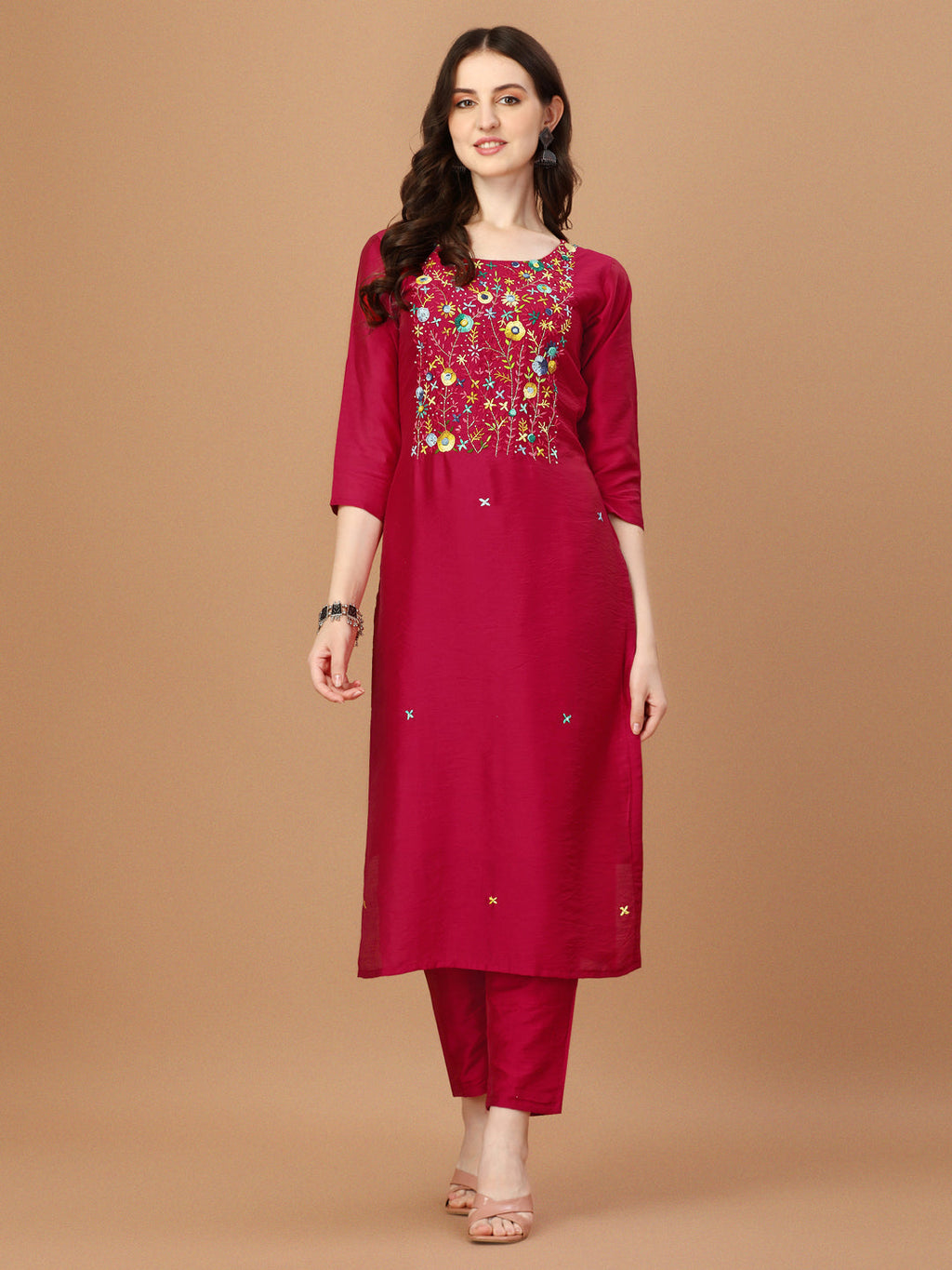 Embroidered Kurta With Pant And Embroidered Dupatta Set, Multicolor - Hiral Fashion | Grocsy