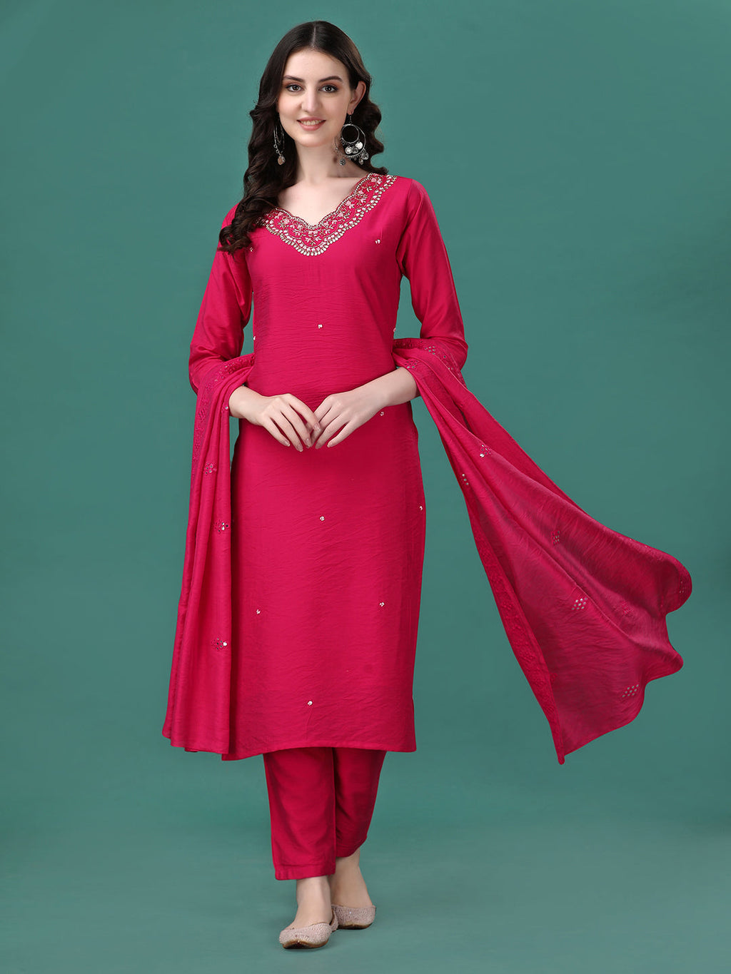 Hand Embroidered Kurta With Pant & Dupatta, Multicolor - Hiral Fashion | Grocsy