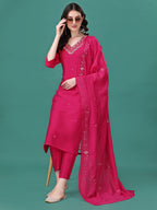 Hand Embroidered Kurta With Pant & Dupatta, Multicolor - Hiral Fashion | Grocsy