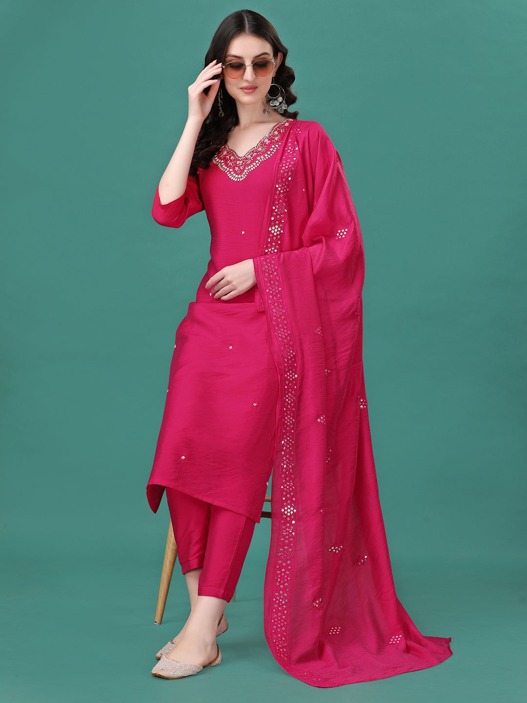 Hand Embroidered Kurta With Pant & Dupatta, Multicolor - Hiral Fashion | Grocsy