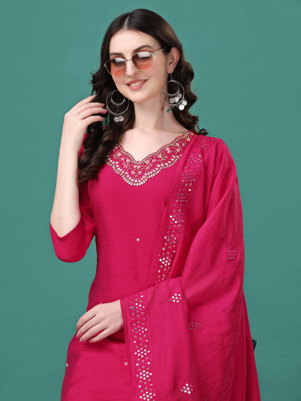 Hand Embroidered Kurta With Pant & Dupatta, Multicolor - Hiral Fashion | Grocsy