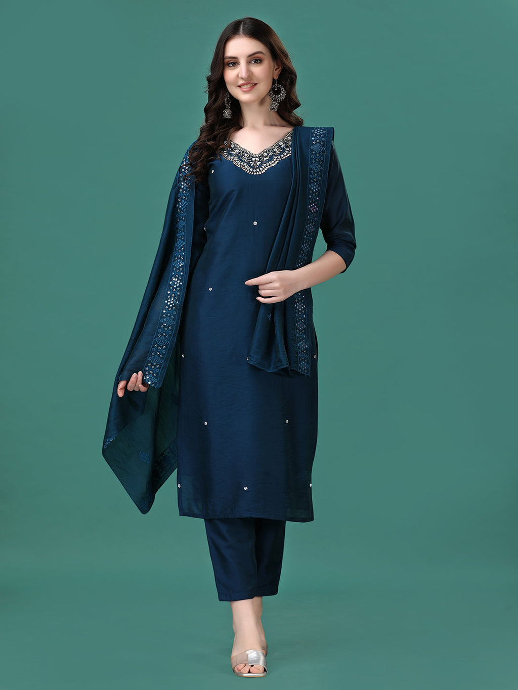 Hand Embroidered Kurta With Pant & Dupatta, Multicolor - Hiral Fashion | Grocsy