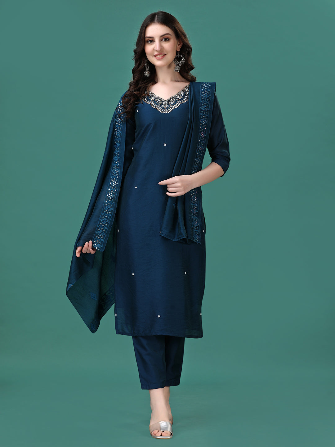 Hand Embroidered Kurta With Pant & Dupatta, Multicolor - Hiral Fashion | Grocsy