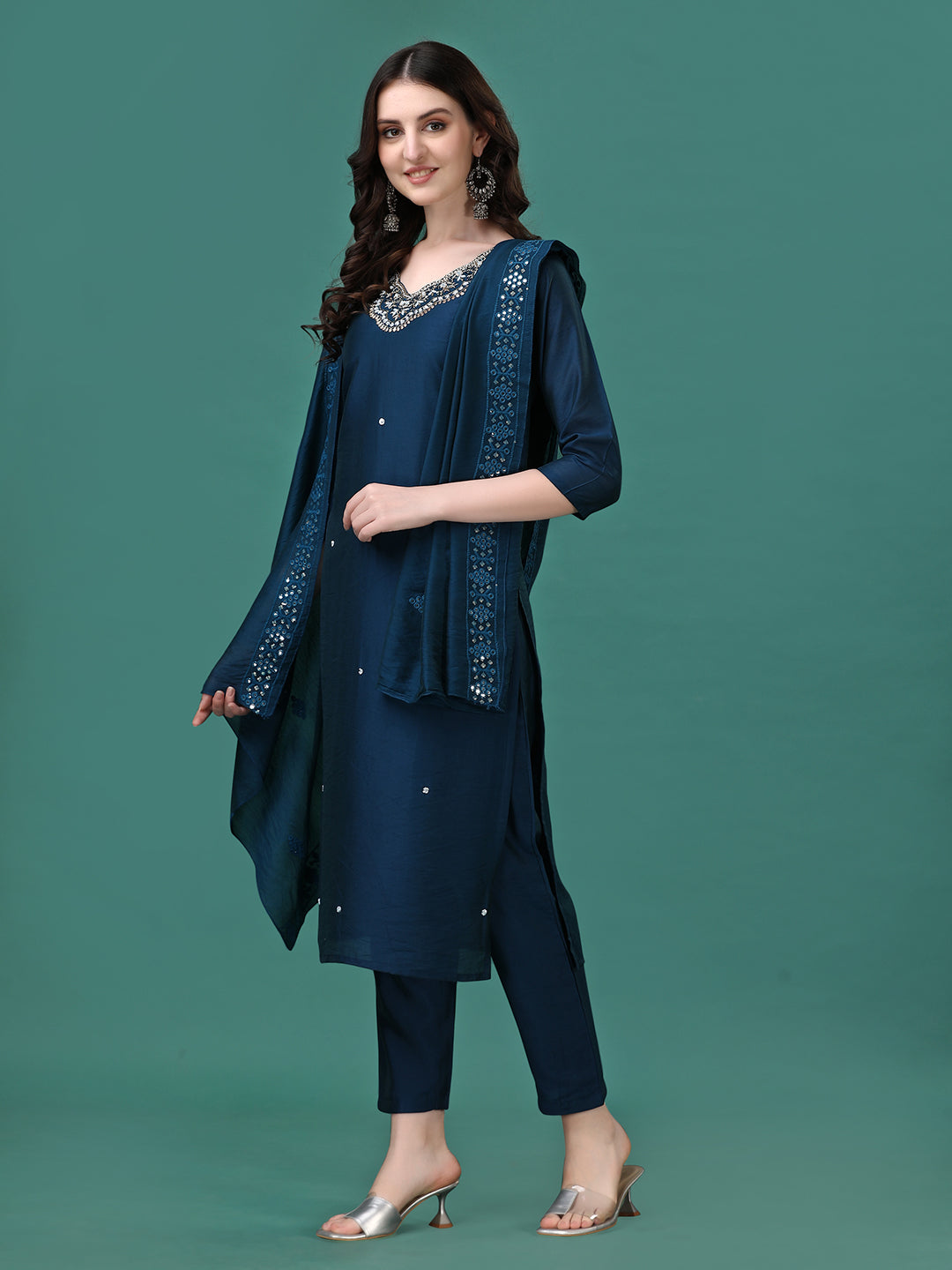 Hand Embroidered Kurta With Pant & Dupatta, Multicolor - Hiral Fashion | Grocsy
