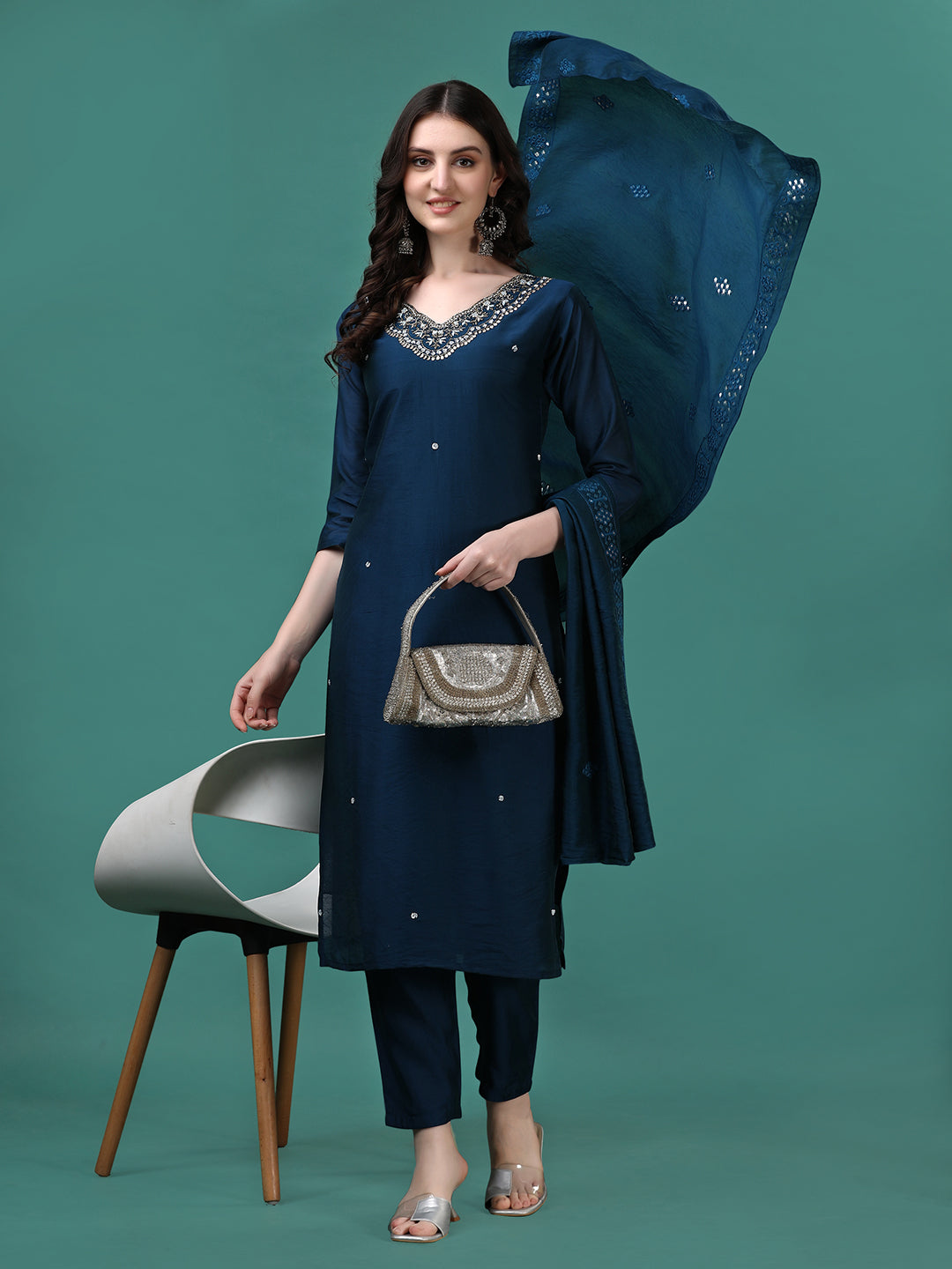 Hand Embroidered Kurta With Pant & Dupatta, Multicolor - Hiral Fashion | Grocsy
