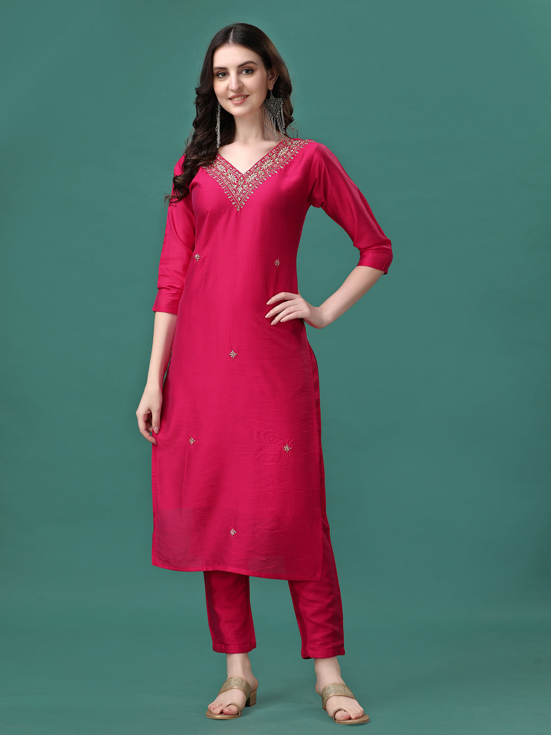 Hand Embroidered Kurta With Pant & Embroidered Dupatta, Multicolor - Hiral Fashion | Grocsy