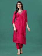 Hand Embroidered Kurta With Pant & Embroidered Dupatta, Multicolor - Hiral Fashion | Grocsy