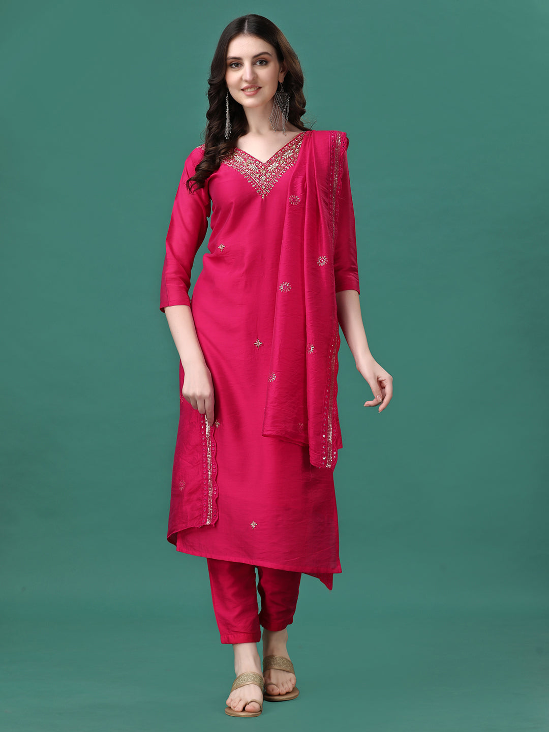 Hand Embroidered Kurta With Pant & Embroidered Dupatta, Multicolor - Hiral Fashion | Grocsy