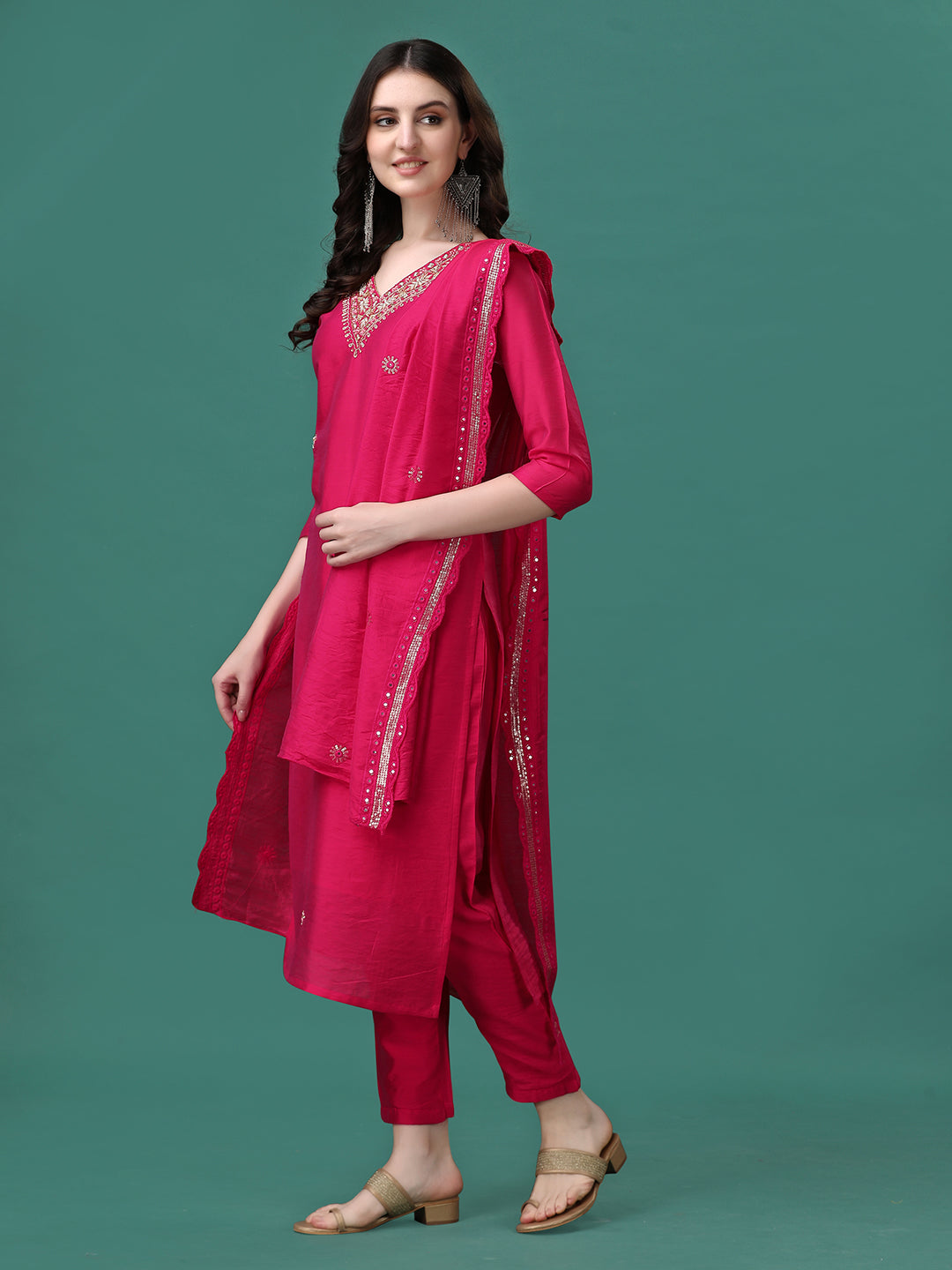 Hand Embroidered Kurta With Pant & Embroidered Dupatta, Multicolor - Hiral Fashion | Grocsy