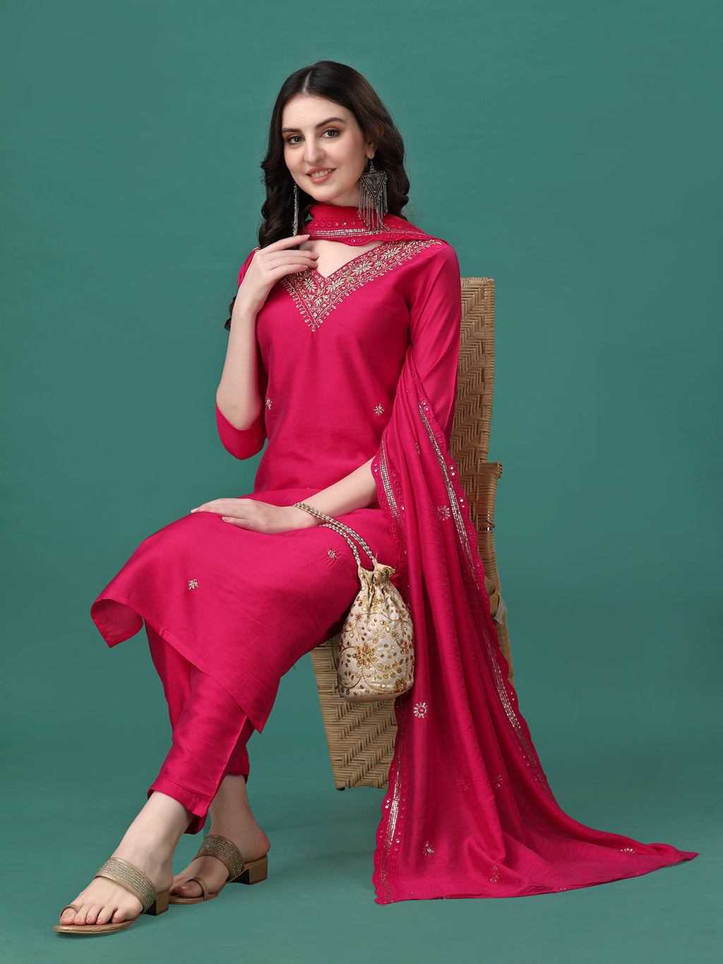 Hand Embroidered Kurta With Pant & Embroidered Dupatta, Multicolor - Hiral Fashion | Grocsy
