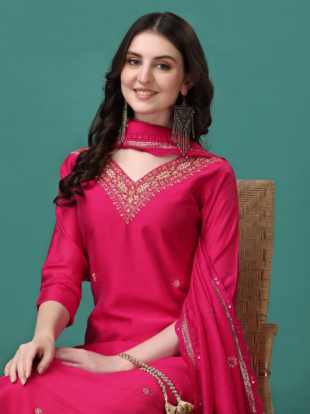 Hand Embroidered Kurta With Pant & Embroidered Dupatta, Multicolor - Hiral Fashion | Grocsy