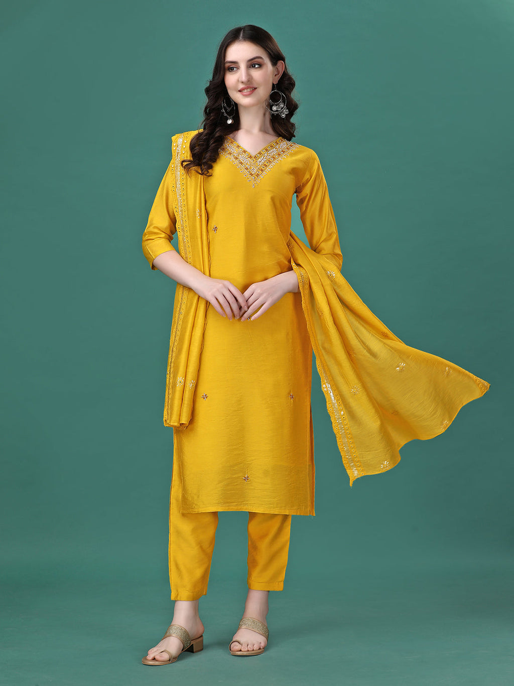 Hand Embroidered Kurta With Pant & Embroidered Dupatta, Multicolor - Hiral Fashion | Grocsy