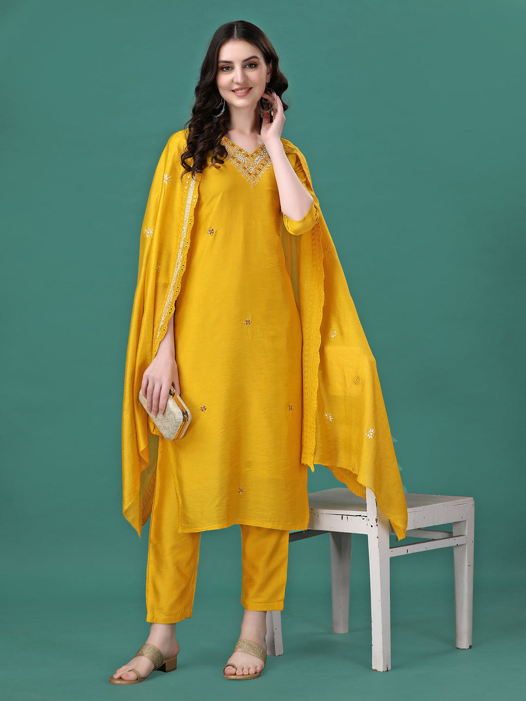 Hand Embroidered Kurta With Pant & Embroidered Dupatta, Multicolor - Hiral Fashion | Grocsy