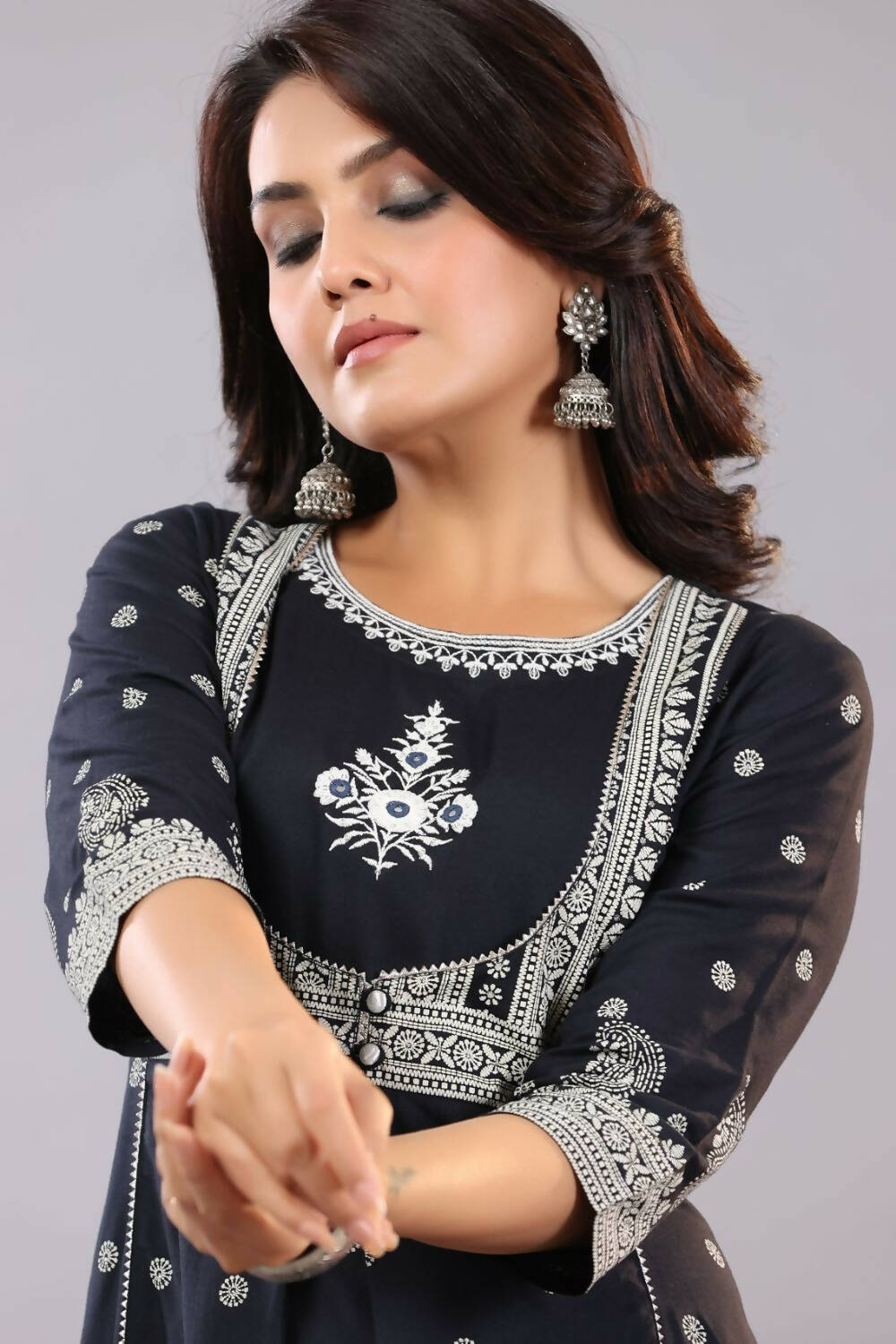 Juniper Women Indigo Rayon Printed A-Line Kurta | Grocsy