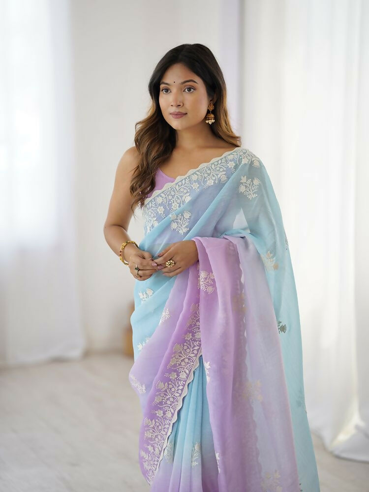Lavender Crunchy Silk Embroidery Work Party Wear Saree - Lakshita | Grocsy