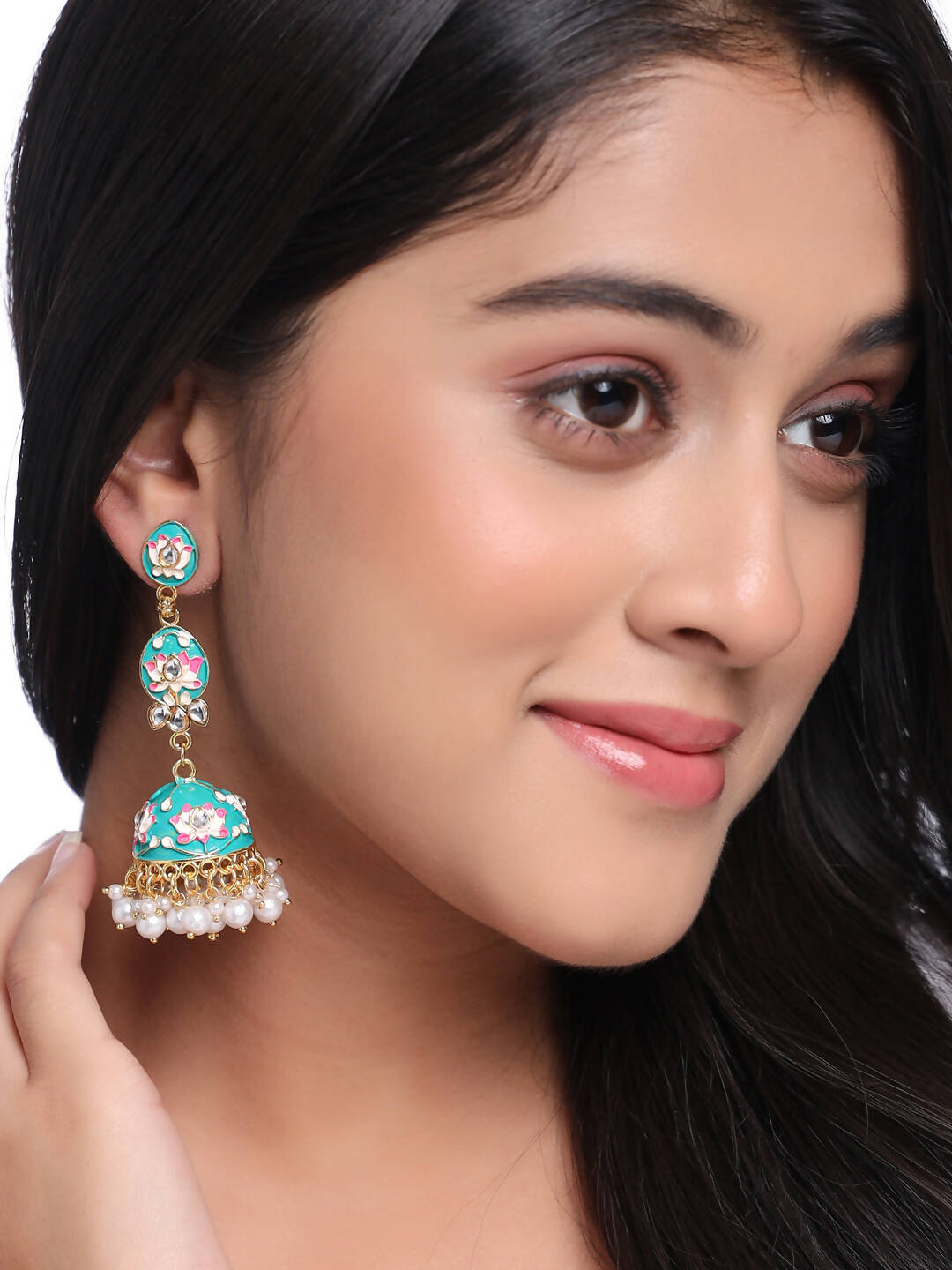 NVR Women Gold-Polished Blue Kundan Jhumkas Earrings | Grocsy