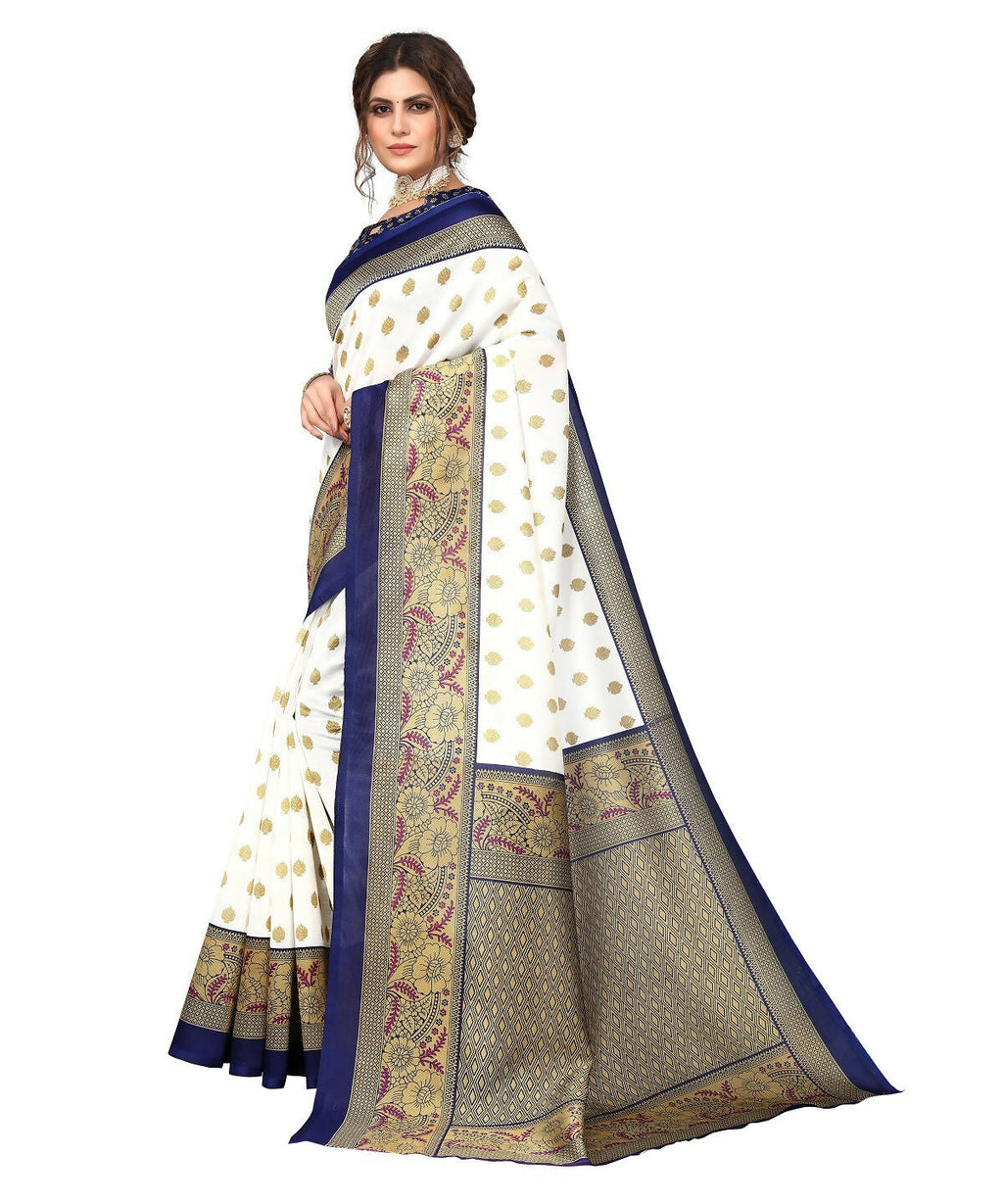 Vamika white & navy Printed Art Silk Saree | Grocsy