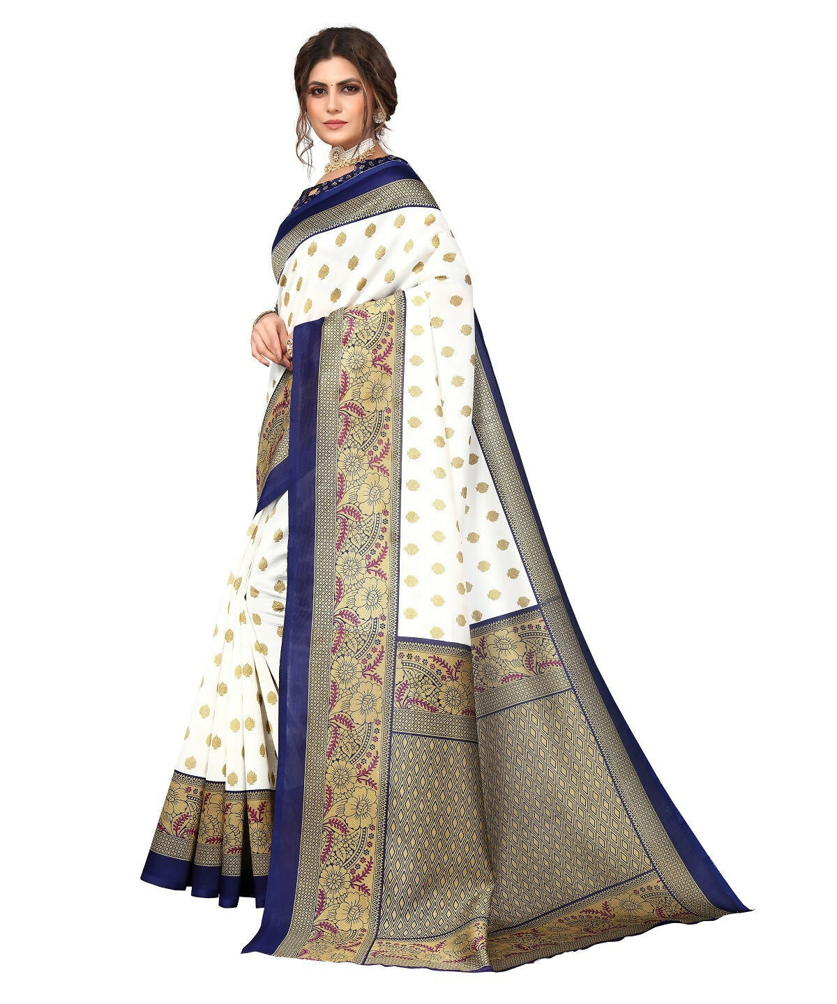 Vamika white & navy Printed Art Silk Saree | Grocsy