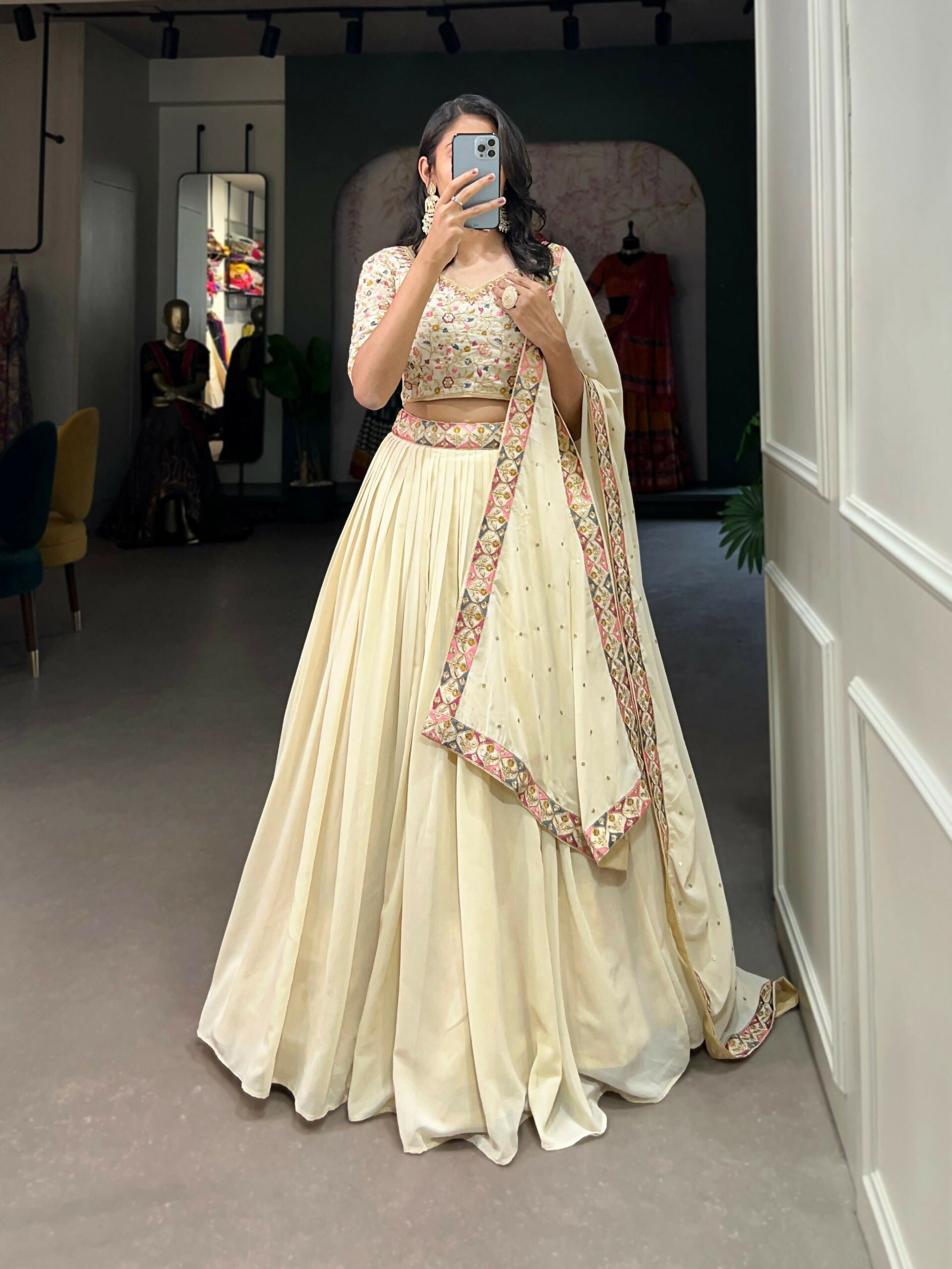 Vastranavya Exquisitely Sequins And Thread Embroidered Georgette Lehenga Choli - Off White | Grocsy