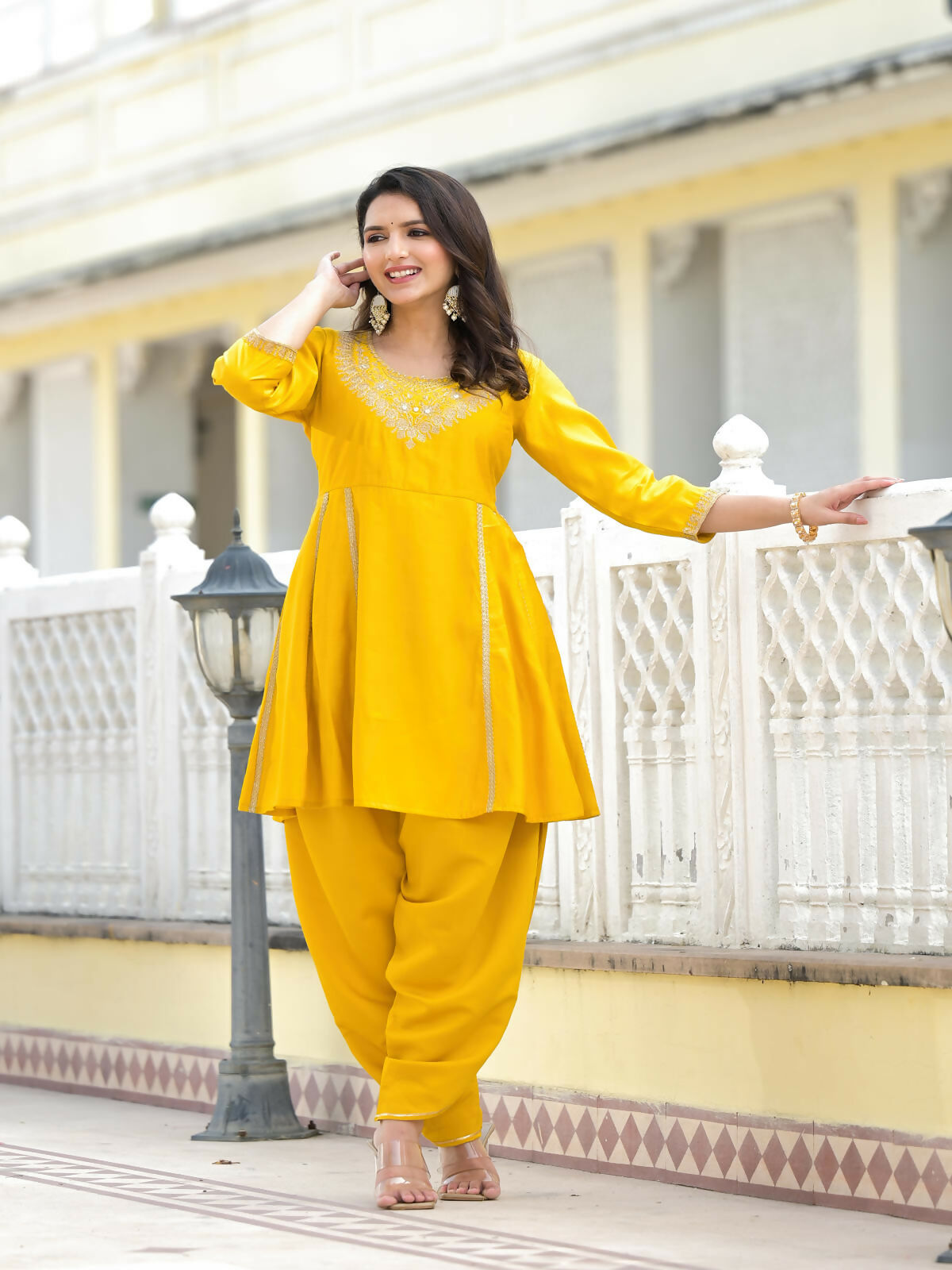 Juniper Women's Mustard Solid Viscose Kurta & Pant Set With Zari & Mirror Work | Grocsy