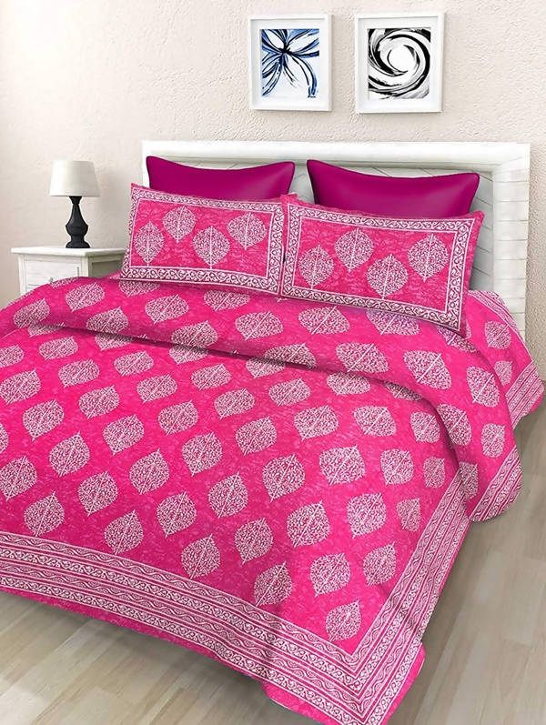 Vamika Printed Cotton Pink Bedsheet With Pillow Covers (LEOC_2_PINK) | Grocsy