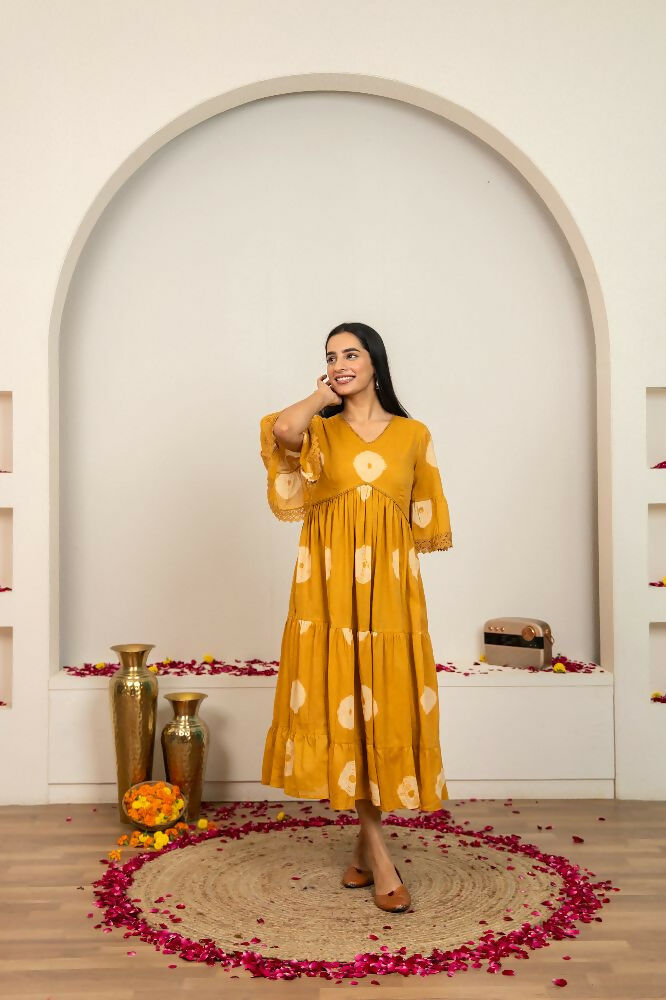 Joban Fashion Mustard Yellow Tie & Dye Cotton Dress | Grocsy