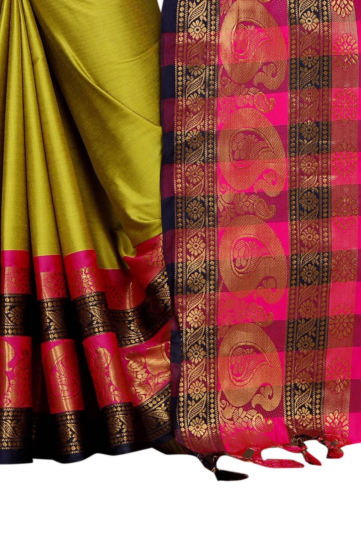 Vamika Banarasi Silk Mehandi Green Weaving Saree | Grocsy