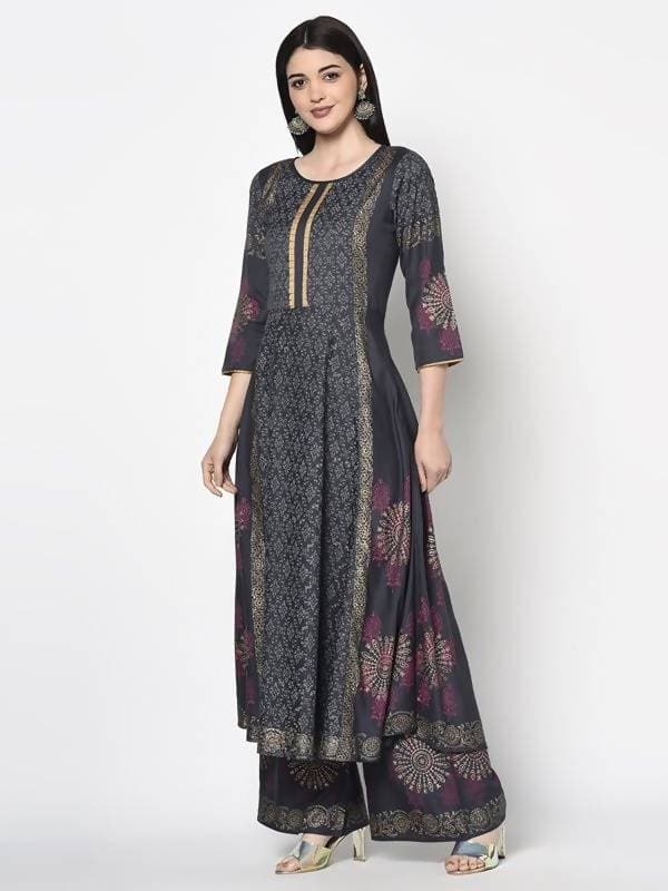 Aniyah Rayon Dark Grey Color Block Print Anarkali Palazzo Set (AN-199K) | Grocsy
