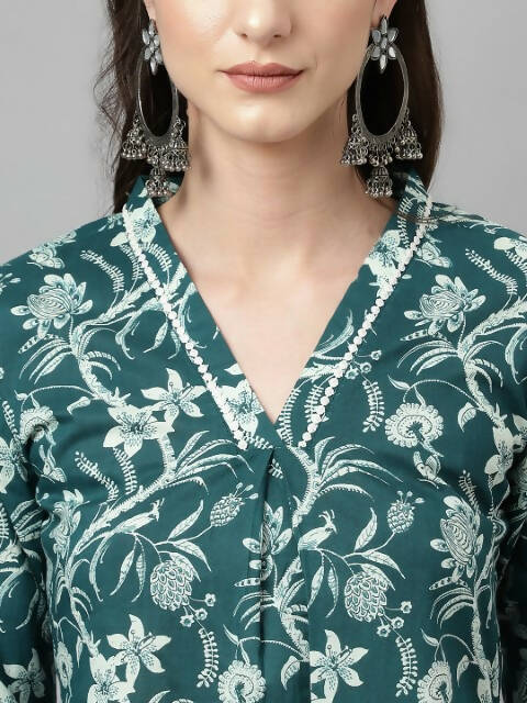 FIORRA Women's Teal Green Cotton A-Line Kurta Set | Grocsy