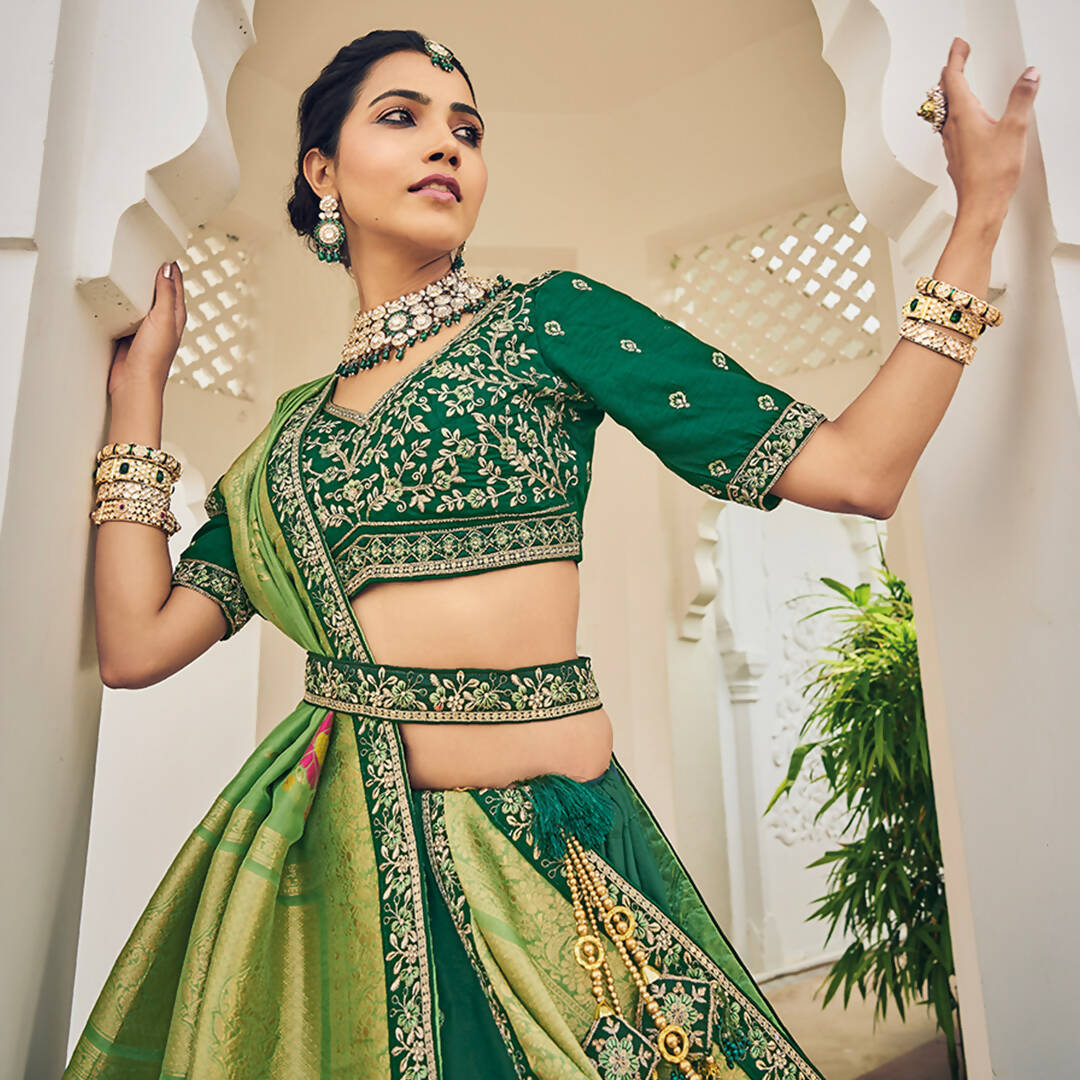 Green Heavy Viscose Khatli, Embroidery & Mirror Work Unstitched Lehenga Choli - Sisha Keshav | Grocsy