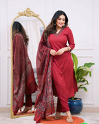 The52 Maroon Women's Gorgeous Parampara Fabric Embroidered Work Straight Kurta Pant and Dupatta Set | Grocsy