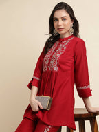 Red Chinon Floral Embroidered Top with Bottom - Maanushi | Grocsy