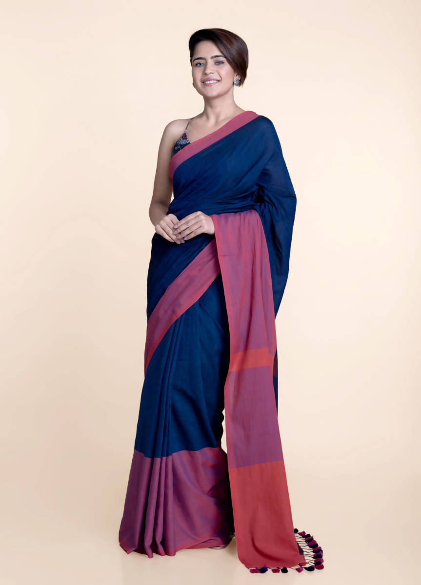Suta Navy Blue Pink Colourblocked Mul Saree | Grocsy