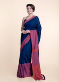 Suta Navy Blue Pink Colourblocked Mul Saree | Grocsy