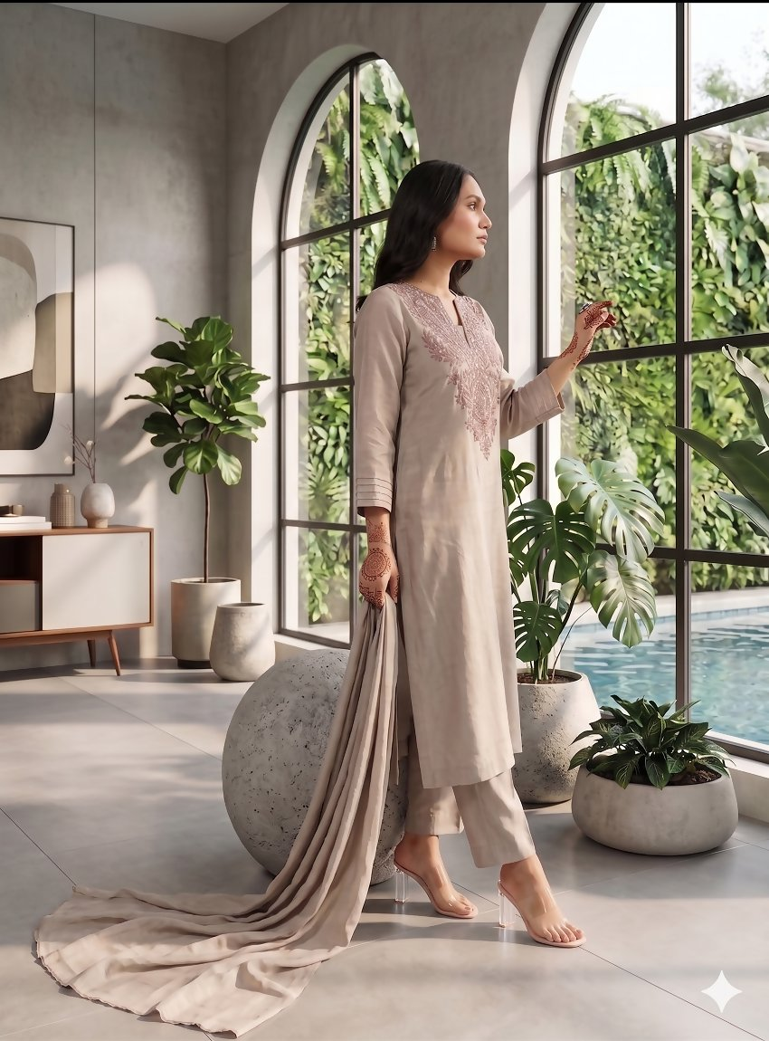 Teeya Creation Trends Grey Embroidered Kurta With Pant And Dupatta Set | Grocsy