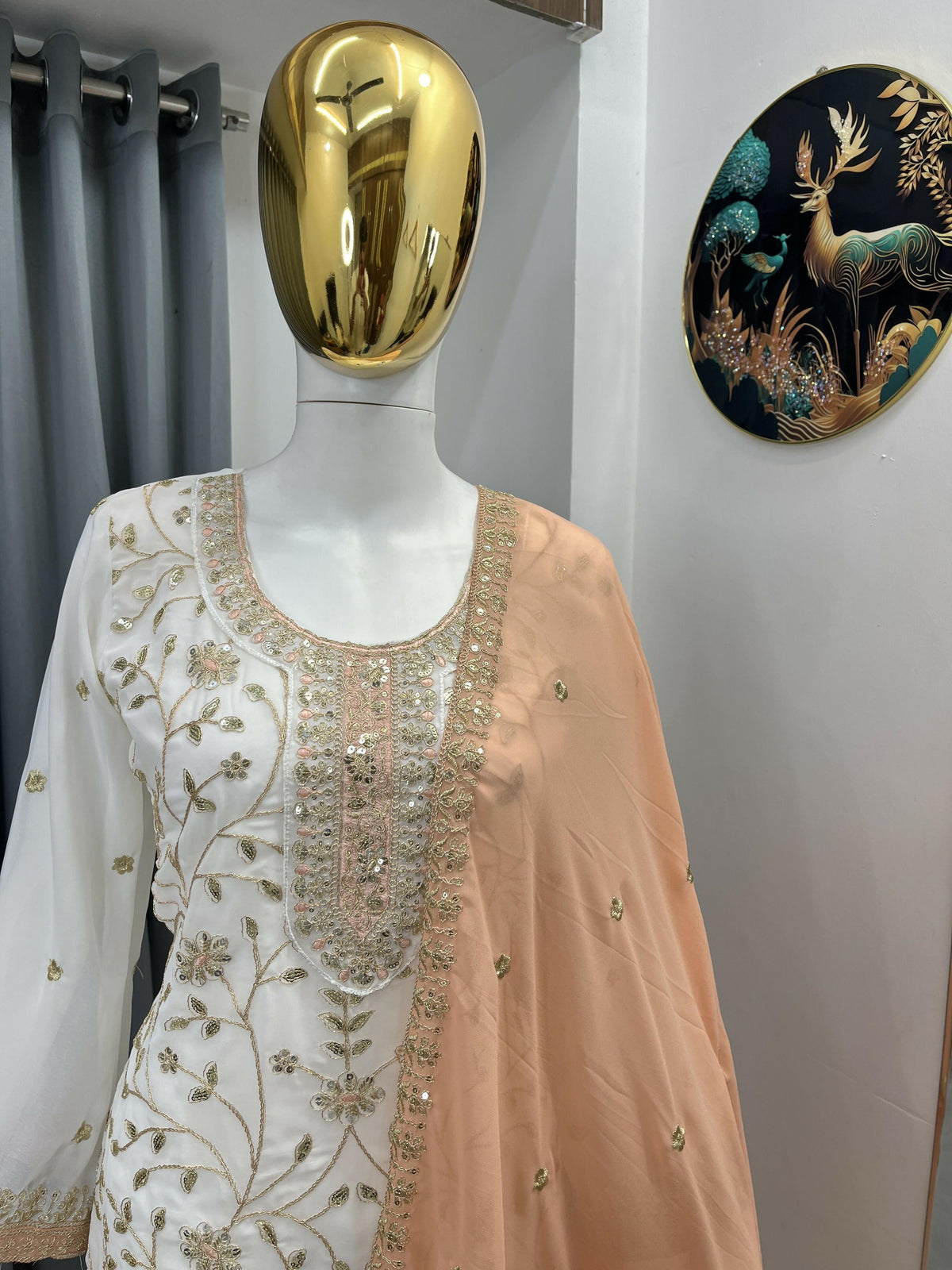 Teeya Creation White Color Faux Georgette Embroidery Work Long Party Wear Palazzo Suit | Grocsy