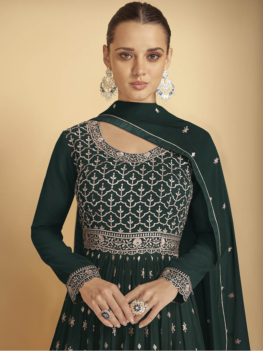Myra Dark Green Georgette Embroidered Sharara Suit | Grocsy