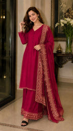 Teeya Creation New Latest Stylish Classic Rani Pink Festive Kurta Set with Gold Zari Border Palazzo and Dupatta | Grocsy