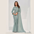 Sea Green Crepe Satin Silk Handwork Saree With Unstitched Blouse - Norita Saanjh | Grocsy