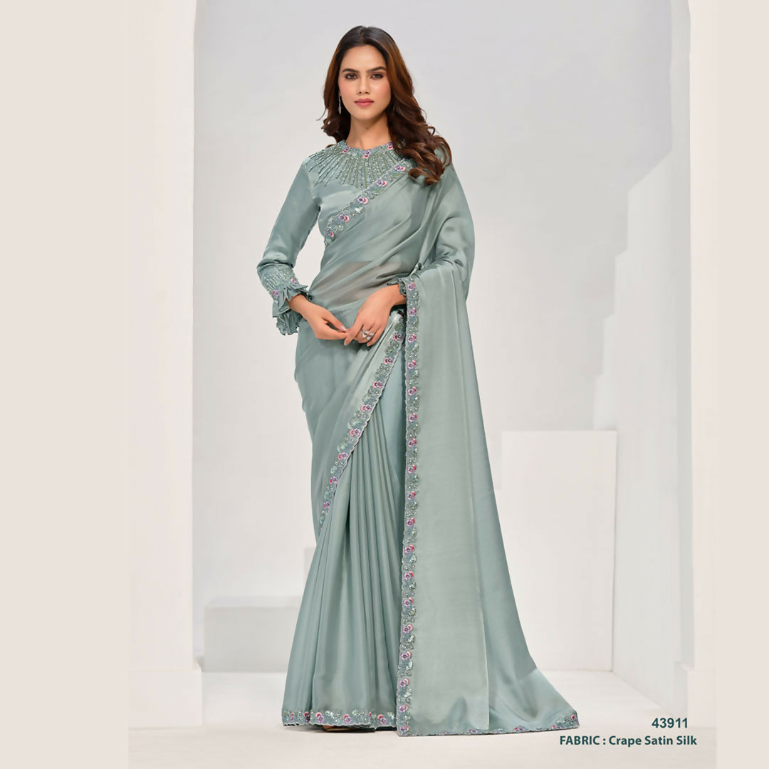 Sea Green Crepe Satin Silk Handwork Saree With Unstitched Blouse - Norita Saanjh | Grocsy