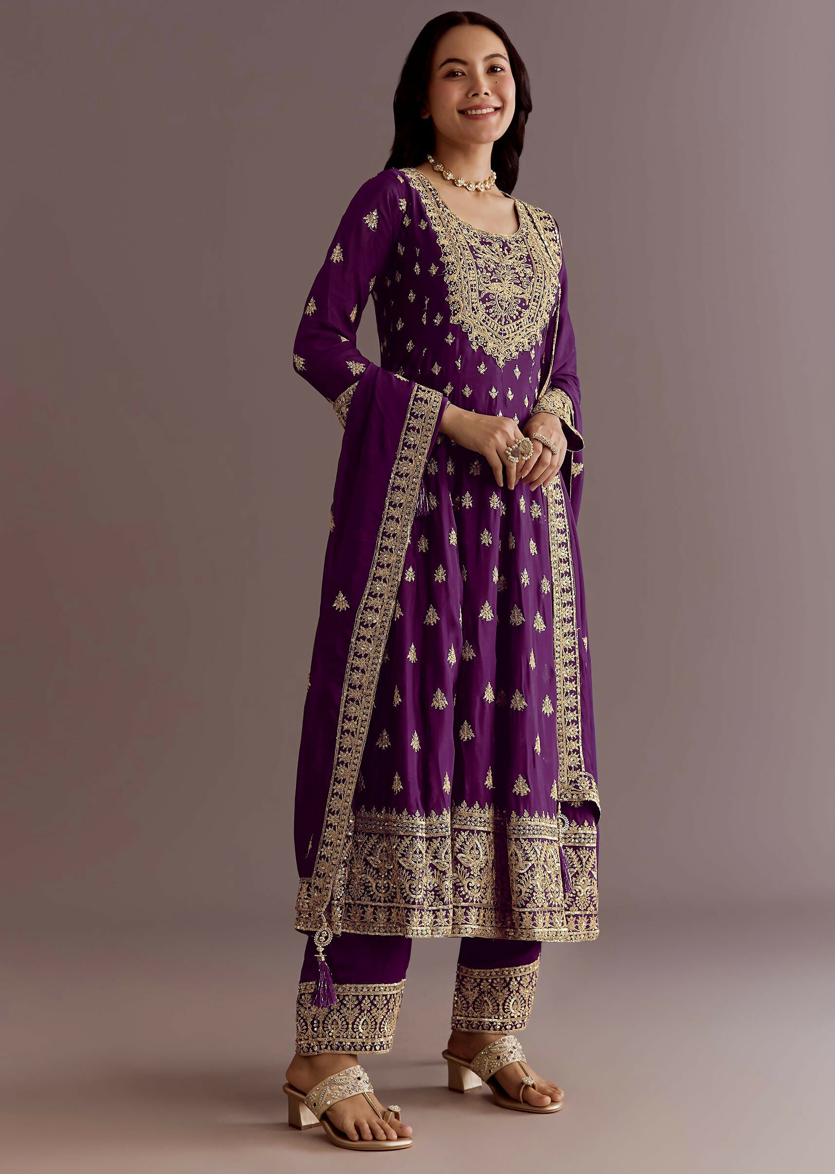 Teeya Creation Wine Color Chinon Silk Embroidery Work Wedding Wear Gown | Grocsy