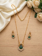 Jewel City Temple Jewelry Set With Emerald Green Stone Pendant & Drop Earrings | Grocsy