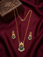 Jewel City Temple Jewelry Set With Emerald Green Stone Pendant & Drop Earrings | Grocsy