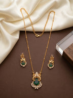 Jewel City Temple Jewelry Set With Emerald Green Stone Pendant & Drop Earrings | Grocsy