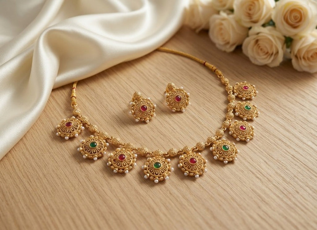 Jewel City Gold Plated Temple Jewelry Set|Red & Green Stone Choker Set | Grocsy