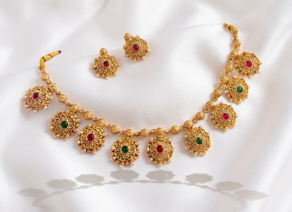 Jewel City Gold Plated Temple Jewelry Set|Red & Green Stone Choker Set | Grocsy