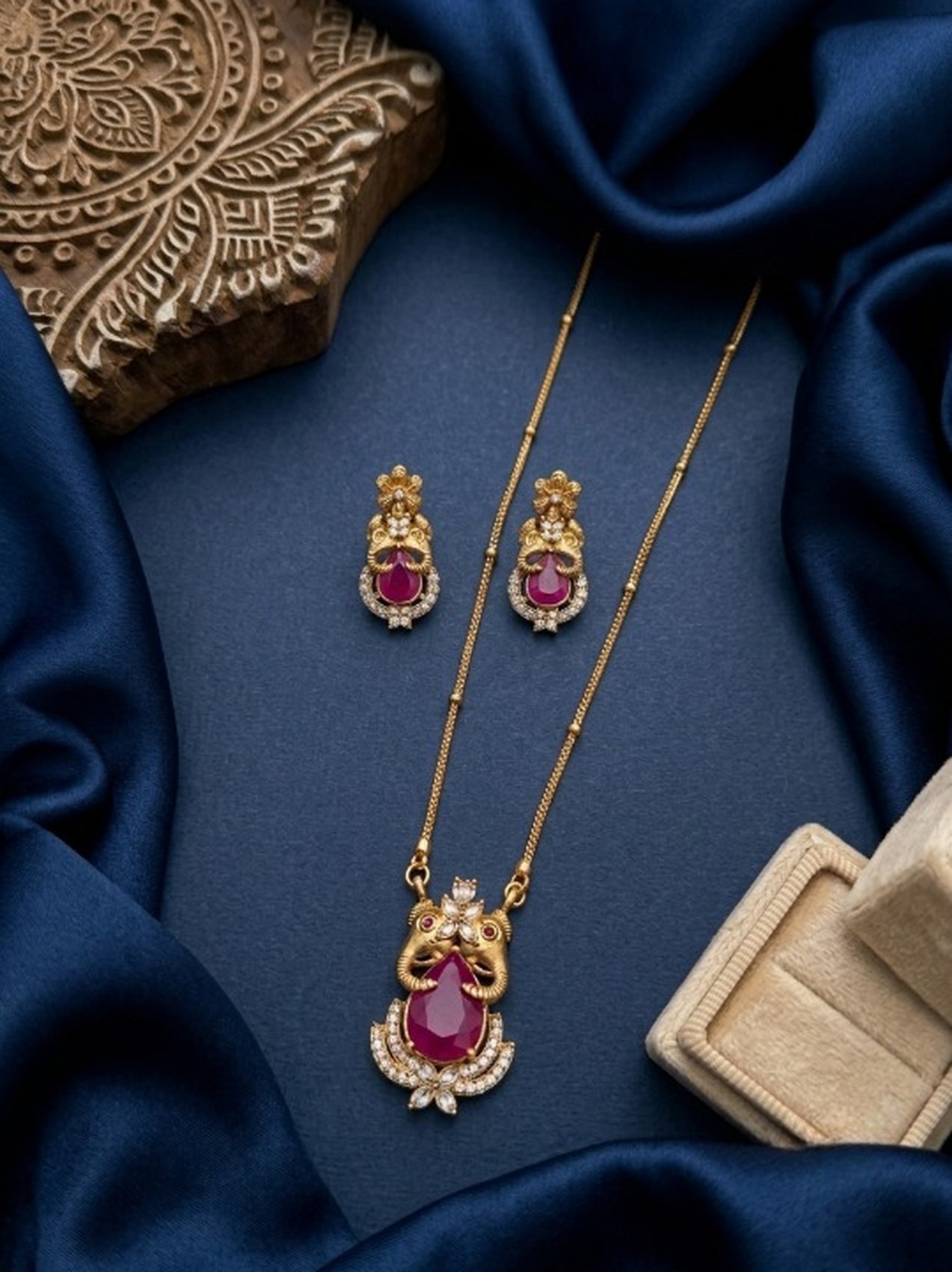 Jewel City Temple Jewelry Set With Ruby Stone Pendant & Drop Earrings | Grocsy