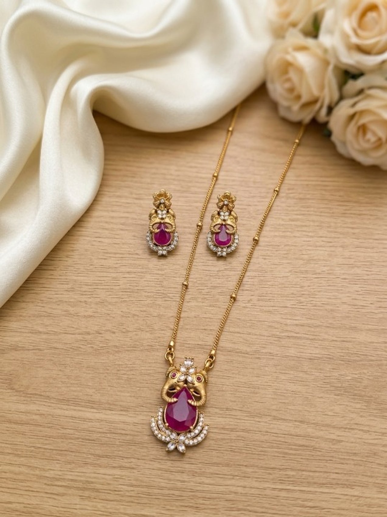 Jewel City Temple Jewelry Set With Ruby Stone Pendant & Drop Earrings | Grocsy