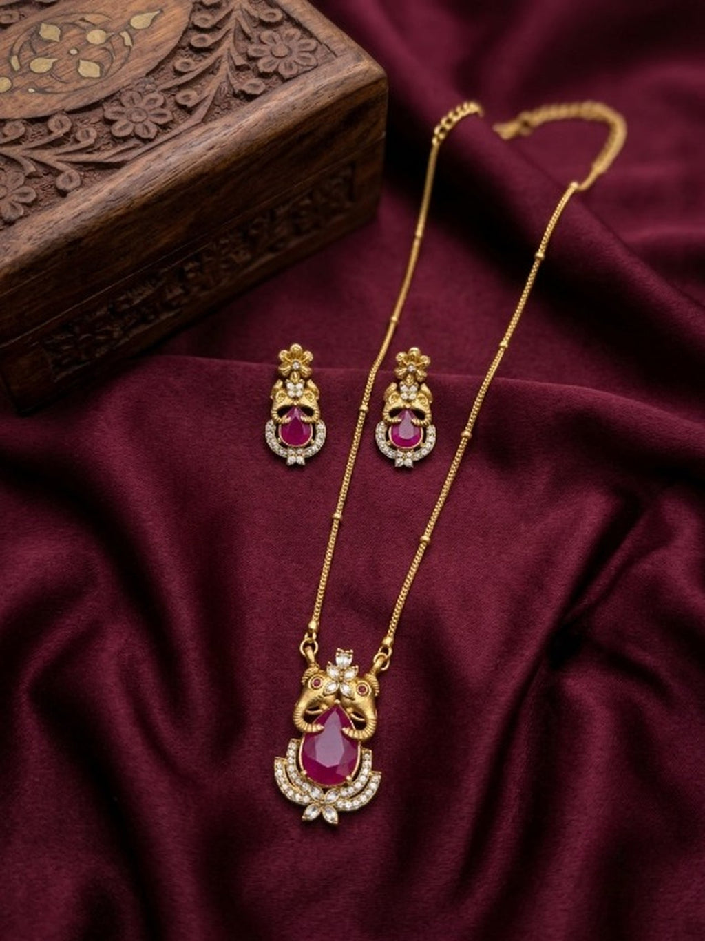 Jewel City Temple Jewelry Set With Ruby Stone Pendant & Drop Earrings | Grocsy