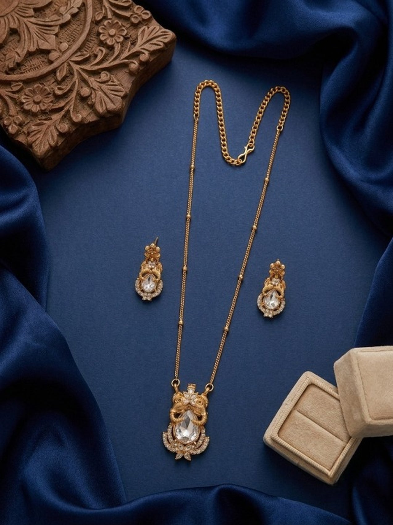 Jewel City Temple Jewelry Set With White Stone Pendant & Drop Earrings | Grocsy